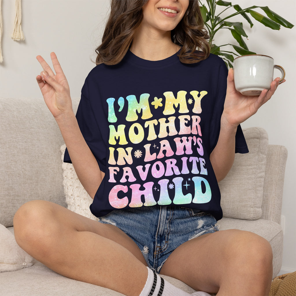 T-Shirt — "I'm My Mother-in-Law's Favorite Child" Retro Pastel Graphic Tee